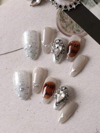 10pcs Press On Nails Almond Nails Silvery White Flash Diamond Nails Press On Nail Supplies Fake Nails Short Office DailyWear False Nails Artificial Nails Kit Includes 1sheet Adhesive Tabs &1 Pc Mini File