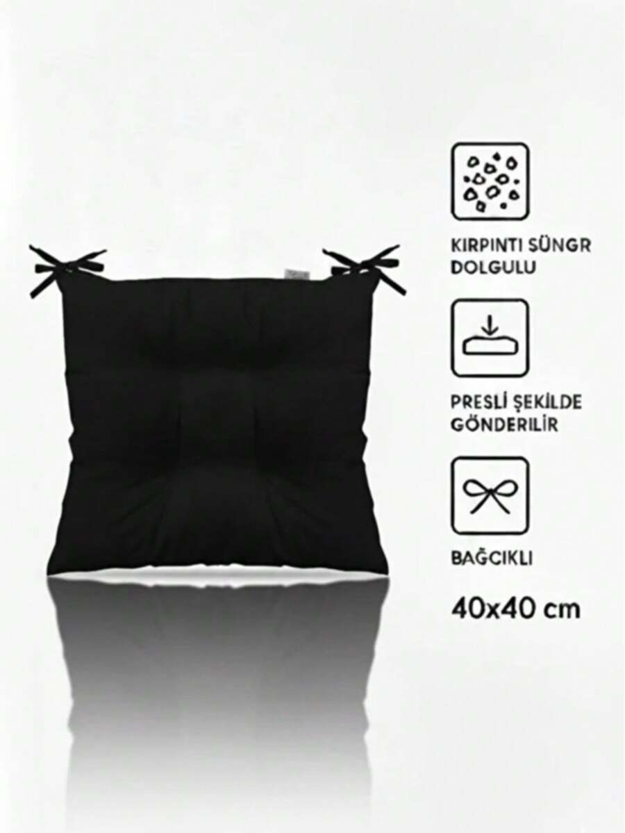 Single Chair Cushion With Ties 40x40 Cm – Soft Seat Pad With Foam Filling - Black - View 1