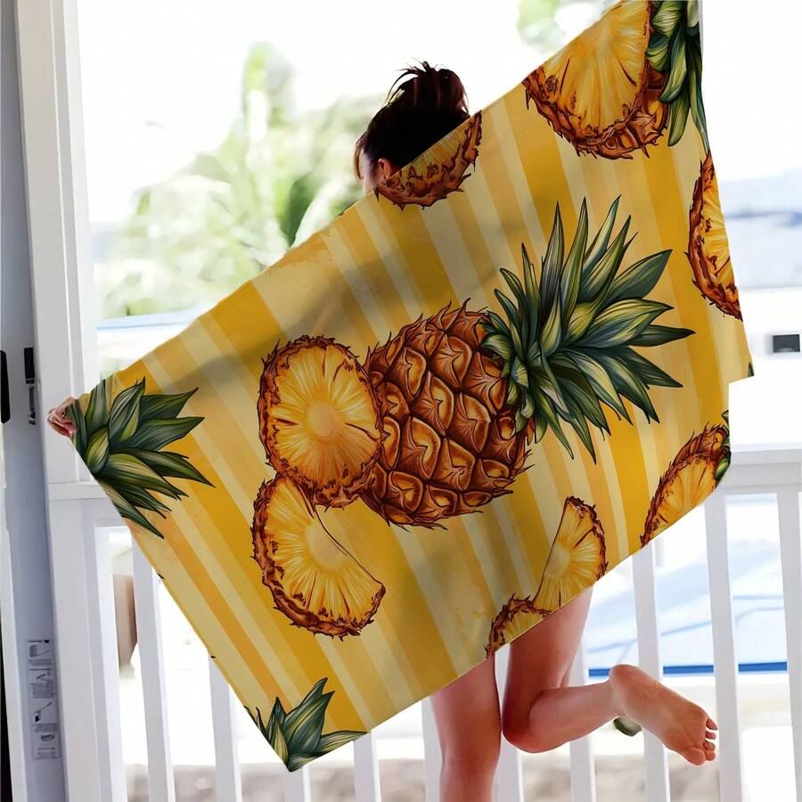 1 pezzo Asciugamano da spiaggia con stampa di ananas, morbido e confortevole, leggero, adatto per viaggi, nuoto, immersioni, surf, yoga, campeggio, accessori da spiaggia - SSTJ11046 - Visualizzare 1