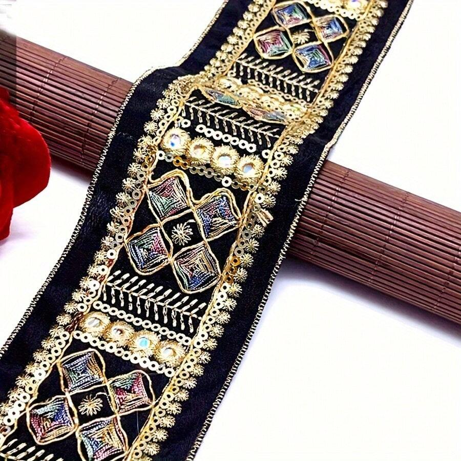 Dây ren thêu chỉ vàng 1/5 yard đính hạt cườm nhiều màu sắc, phụ kiện trang trí tự làm phù hợp cho váy cưới, trang phục dạ hội, trang trí nhà cửa, rèm cửa, khăn trải bàn, quần áo tự may, quần áo búp bê và người mới bắt đầu may vá.