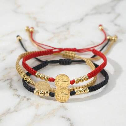 1pc Minimalist Jesus Copper Medallion Bracelet, Adjustable Handwoven Lucky Charm Bracelet, Suitable For Daily Wear, Birthday Gift, Christmas Gift