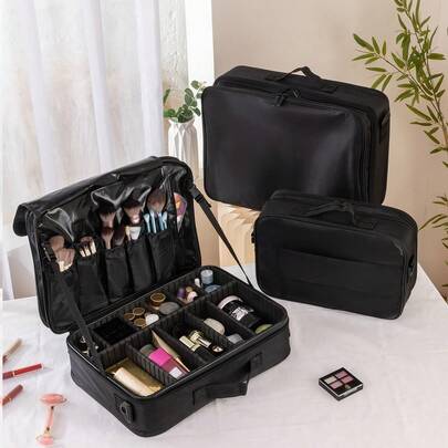 YANZAI 1PC 2 Layers Large Capacity Travel Makeup Train Case,Professional Cosmetic Bags For Women,Portable Makeup Brush Bag Organizer Storage With Adjustable Dividers And Shoulder Strap