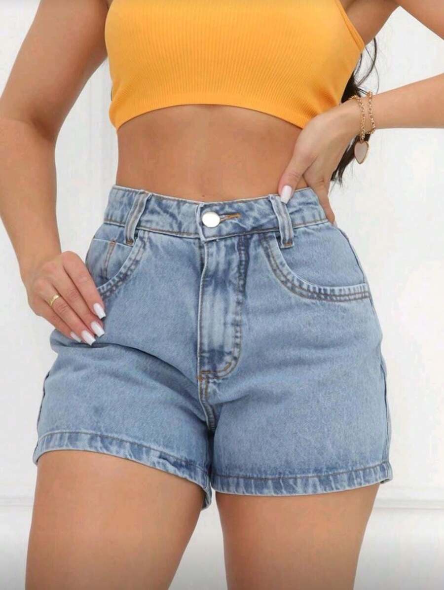 Basic Black And Gray Denim Shorts - Light Wash - View 1