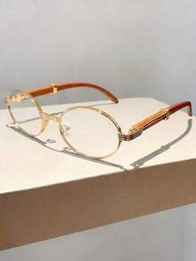 1 Pair New Retro Oval Frame Fashion Fashion Glasses, Wooden Grain Temple Design, Suitable For Outdoor Activities - C1 Gold Frame Transparent - View 5