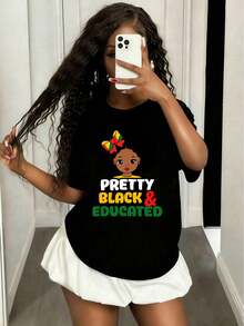 Girls & Teenagers Students Casual Printed Black Crew Neck Short Sleeve T-Shirt Top, Summer - Đen 3 - Xem 2