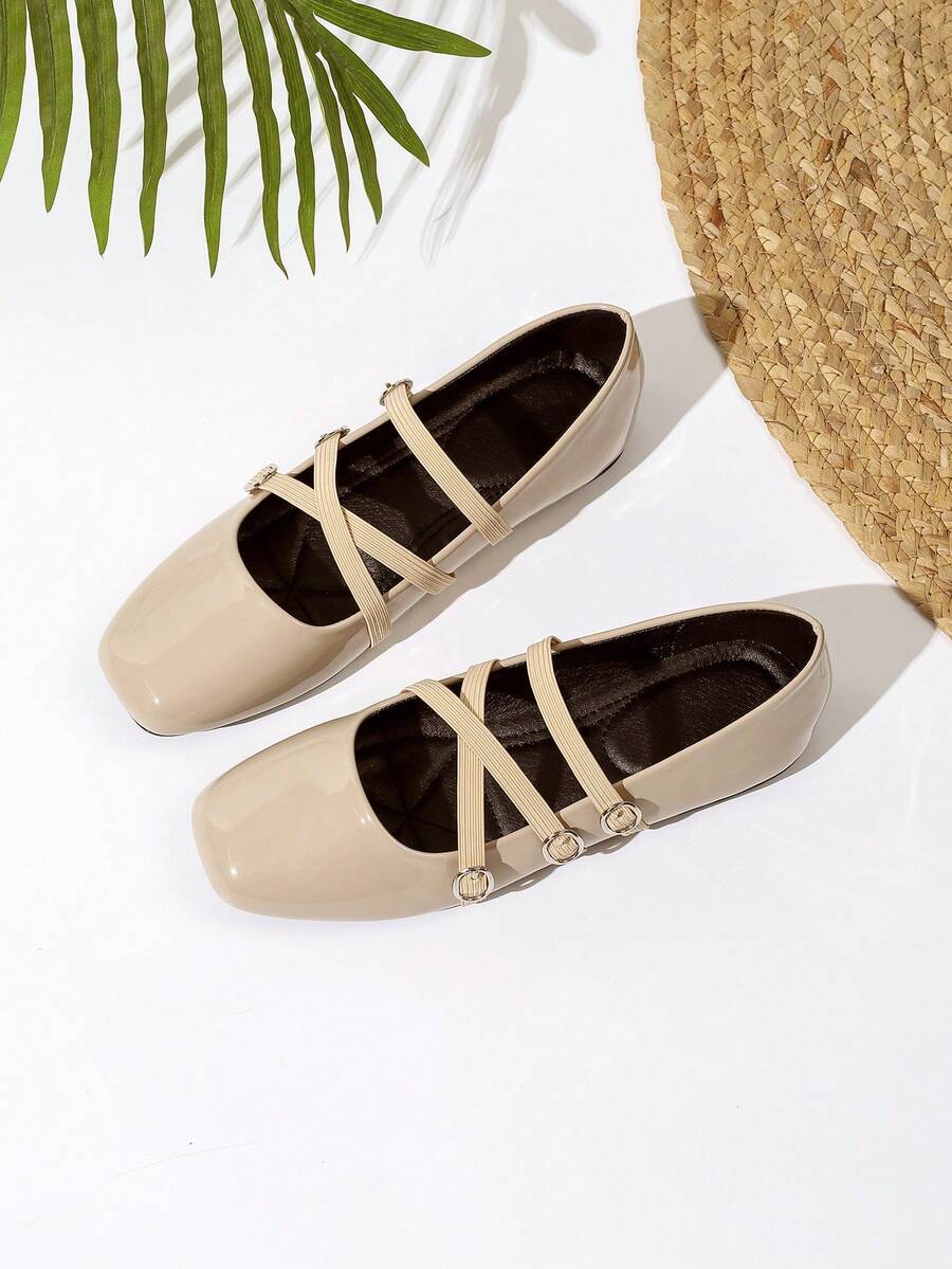 复古学院风玛丽珍鞋，三条绑带设计，百搭休闲女鞋 - 杏色 - 查看 1