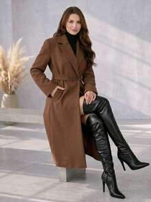 Women's Elegant Luxury La Batida Overcoat With Waist Belt, Autumn/Winter Style, For Women, Cold Weather Clothing, Brown, Black, Beige - 鏽棕色 - 查看 3