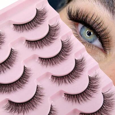 7 Pairs Super Soft Faux Mink Fur Natural Curly False Eyelashes, Soft & Thin Reusable Lashes, Black Thin Band Eyelashes
