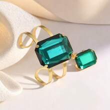 Bộ 2 chiếc vòng tay và nhẫn cao cấp, thiết kế độc đáo, đính đá giả ruby và emerald hình học, có thể điều chỉnh kích thước, thích hợp cho tiệc tùng, đi làm hoặc các buổi gặp gỡ. - hình học - Xem 2