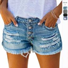 2026 Women Denim Shorts High Waist Ripped Jeans With Tassel Decoration Straight Buttons European American Style Summer Casual Fashion - Xám - Xem 2