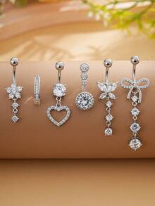 6件套不锈钢肚脐环饰品套装，性感蝴蝶结心形花朵镶嵌锆石，女士日常佩戴 - 銀色 - 查看 6
