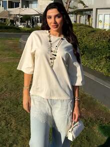 Asymmetric Hem Lace Patchwork T-Shirt In Beige Casual - Beige - View 7