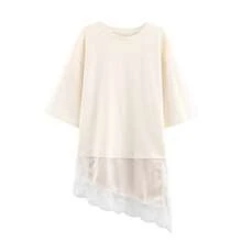 Asymmetric Hem Lace Patchwork T-Shirt In Beige Casual - Beige - View 8