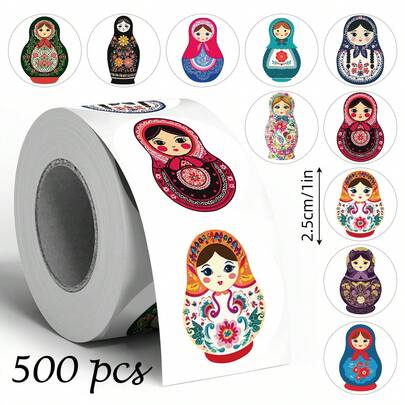 500pcs Cartoon Russian Nesting Doll Graffiti Stickers, 1 Inch Round 10 Patterns, Envelope, Magazine, Phone Case, Water Cup, Computer Helmet, Scrapbook DIY Decor, Holiday Party Gift Packaging, PVC Waterproof Seal Stickers Scrapbook Supplies Stationery Funny Stickers