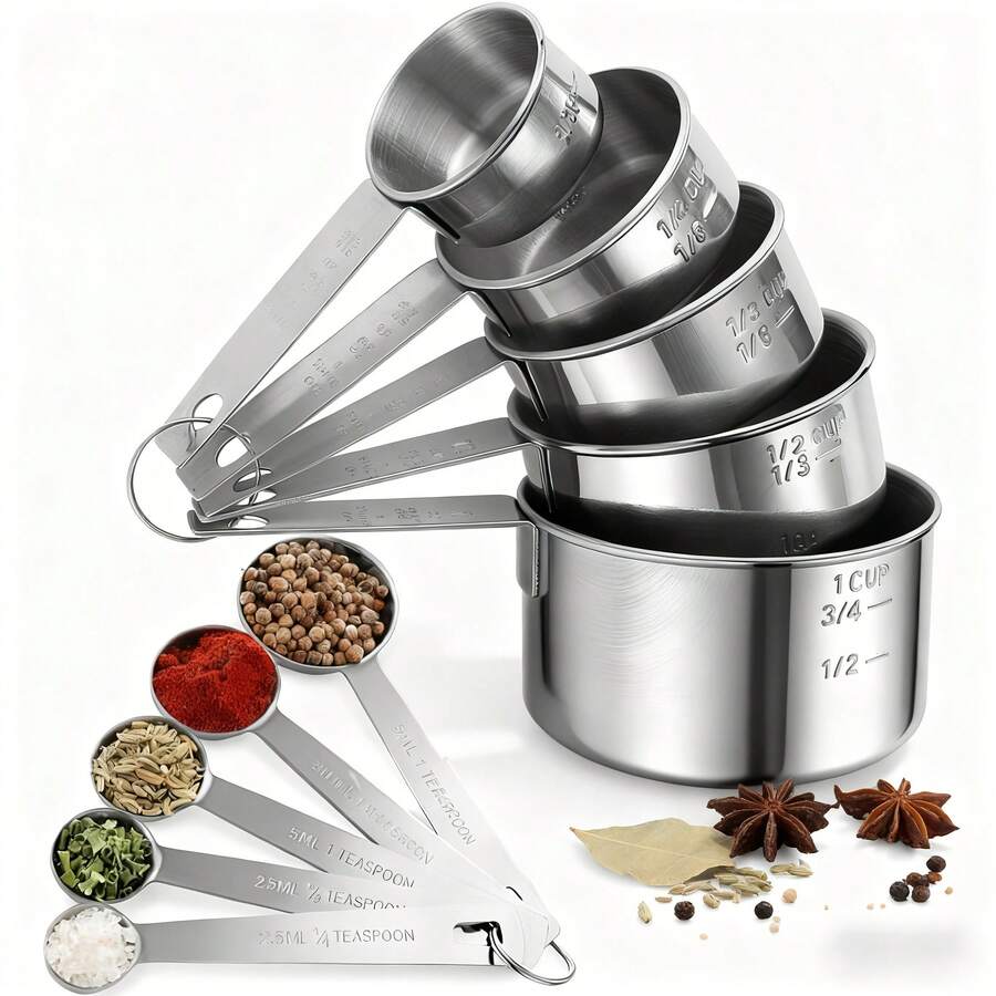 5pcs/10pcs Stainless Steel Measuring Cup And Spoon Set, 5pcs Measuring Spoons + 5pcs Measuring Cups, Stackable Stainless Steel Measuring Cups And Spoons, Coffee Spoon, With Markings For Dry And Wet Ingredients, Cooking, Baking, Coffee, Dishwasher - Kitchen Tools For Cooking And Baking, Kitchen Supplies, Baking Tools