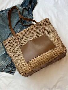 Summer Straw Beach Bag, Large Capacity Tote Bag, Grocery Basket Bag, Handbag, Vacation Style, Simple & Versatile, Multi-Pocket Women Bag, Suitable For Dresses, Shopping, Travel, Storage, Wicker Bag - Màu Khaki - Xem 4