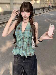 夏季新款法式蝴蝶结优雅吊带露背吊带背心（随机格纹） - 綠色格子 - 查看 4