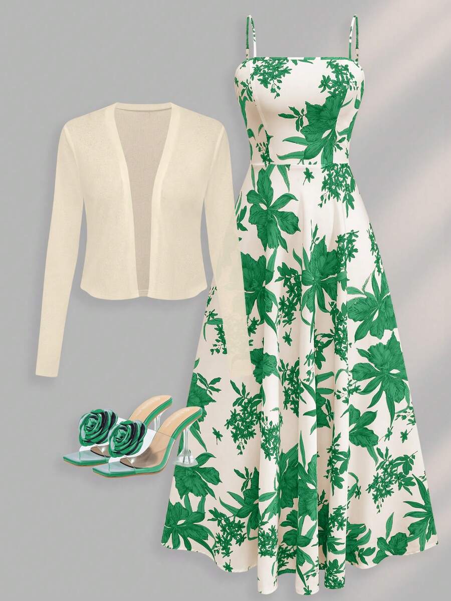 Women's Spaghetti Strap Floral Print Waist Flare Dress With Knit Cardigan Bohemian Print Set Vacation - Green - View 1