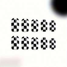 48 Pieces Of Matte Black And White Checkered Rectangular Patches For Medium-Length Nails, Featuring A Minimalist Design Suitable For Both Casual And Formal Occasions - 48pcs - View 3