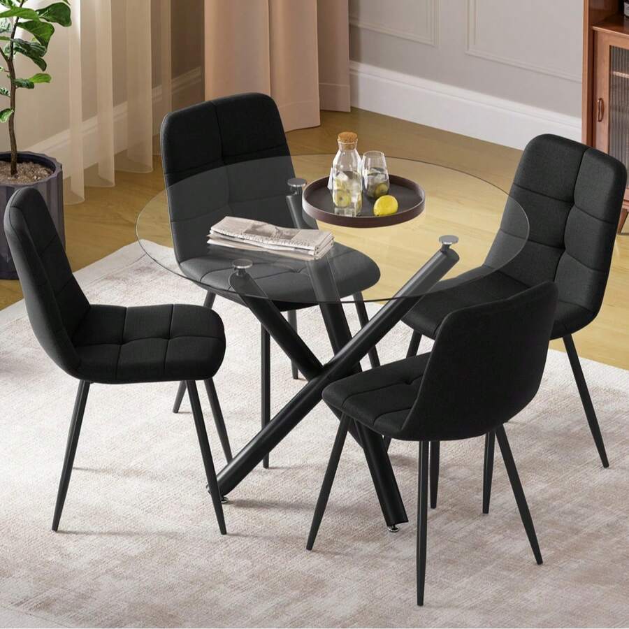 Dining Table And Chairs Set Of 4, Round Dining Table With Performance Fabric Chairs For Dining Room,Kitchen,Living Room