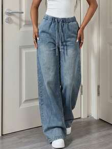 女士高腰阔腿牛仔裤，优雅弹力腰抽绳宽松休闲牛仔裤，2026年春季都市街头风 - 中等水洗藍 - 查看 4