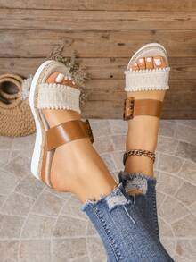 女士编织豹纹坡跟凉拖鞋，休闲露趾厚底草编拖鞋，适合夏季日常穿着和海滩度假 - 白色 - 查看 5
