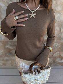 Áo dệt kim nữ Just Masa kiểu dáng thanh lịch, hở lưng gợi cảm, cổ tròn, tay dài xòe, màu trơn, chất liệu mỏng nhẹ, thích hợp cho đi biển, nghỉ mát, hẹn hò, lễ hội âm nhạc, tiệc tùng và mặc hàng ngày. - màu nâu - Xem 3