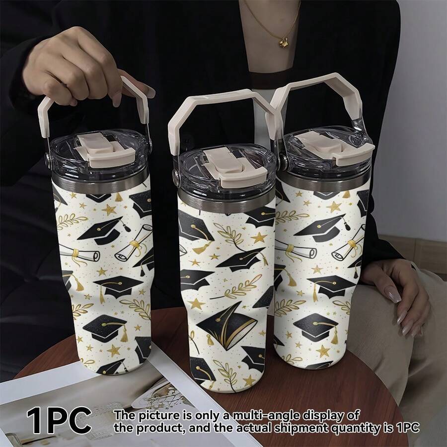 1pc/5pcs 30oz Stainless Steel Insulated Coffee Mug With Graduation Cap And Certificate Gold Foil Print. Ideal For Graduation Season, This Lightweight And Portable Cup Features An Built-In Handle To Keep Coffee Warm. Suitable For Office, Camping Or Travel; Applicable For Work, Study, Fitness And Daily Use - A Cup For All Seasons. - Multicolor - View 1