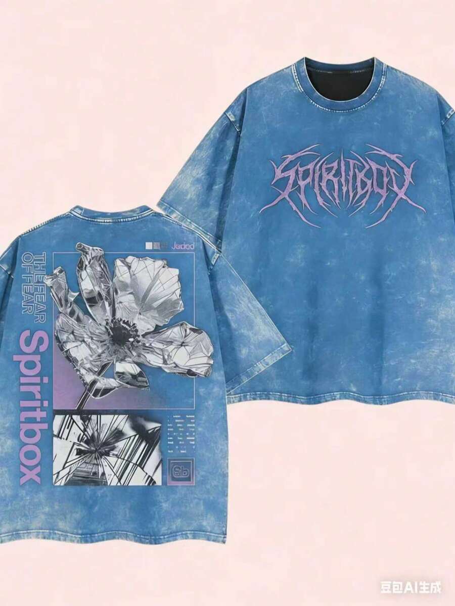 Men's Heavy Retro Street Style T-Shirt With Spiritbox Band Logo Print - Y2K Style Drip Ink Design Music Festival Outfit Loose Breathable Cotton Top - 藍色 - 查看 1