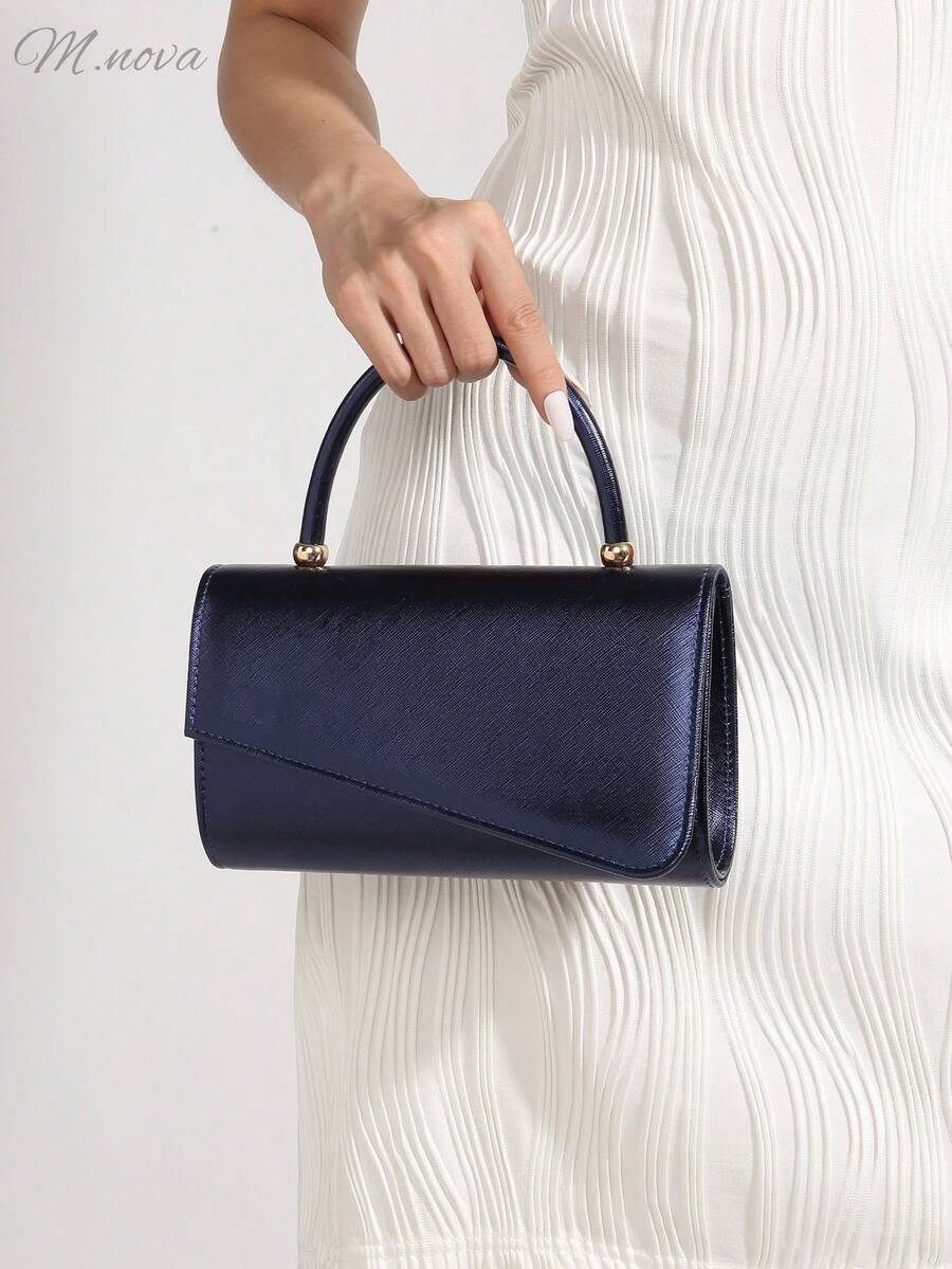 女士时尚纯色金属装饰翻盖PU皮革手拿包，配有可拆卸链条肩带，适合正式场合、派对、晚宴等。 - 寶藍色 - 查看 1