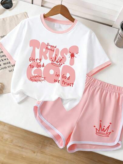 2pcs/Set Girls' Sweet Letter Print Sweatshirt Set, Soft & Comfortable, Short Sleeve Top And Shorts Set For Casual Daily Wear In Summer