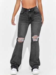 Fashionable High-Waisted Dark Blue Jeans With Pockets - Dark Grey - View 1