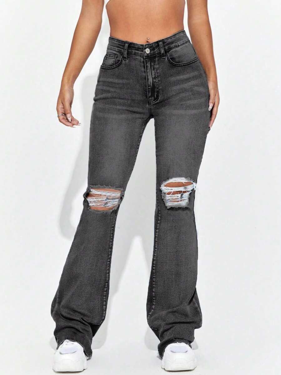 Fashionable High-Waisted Dark Blue Jeans With Pockets - Dark Grey - View 1