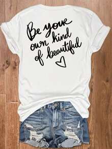 Casual Round Neck Short Sleeve T-Shirt With Letter Print And Stripe, Versatile For Summer Outfits For Women - Blanc - View 3