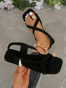 奢华水晶方头凉鞋，交叉绑带平底拖鞋，优雅夏季约会派对女鞋 - 黑色 - 查看 6