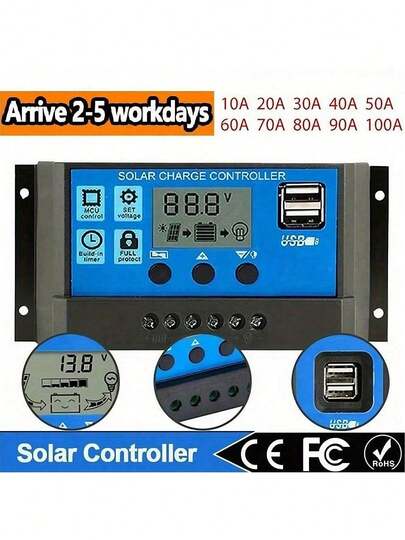 1pc PWM Solar Charging And Discharging Controller 12V 24V Automatic LCD Solar Regulator, 100A 90A 80A 70A 60A 50A 40A 30A 20A 10A, With Dual USB 5V Solar Power Generation Accessories Charger Solar Controller