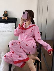 Dreamivo Bộ đồ ngủ nữ 2 món, áo dài tay và quần dài in hình trái tim kẻ sọc xếp nếp, đồ mặc nhà thoải mái - áo dài tay mềm mại có cúc cài và quần cạp chun. - Đỏ - Xem 1