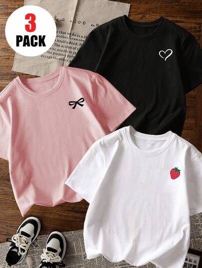 3件套女童简约甜美图案T恤，黑/白/粉撞色设计，爱心蝴蝶草莓图案，舒适弹力圆领上衣，芭蕾风少女夏季休闲卫衣，适合返校季