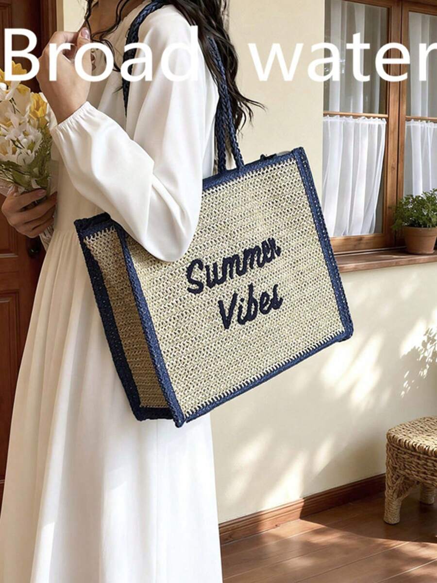 2026 Spring Letter Print Large Capacity Woven Shoulder Bag, Fashion Business Commuter Bag, Minimalist Versatile Lightweight Tote Bag