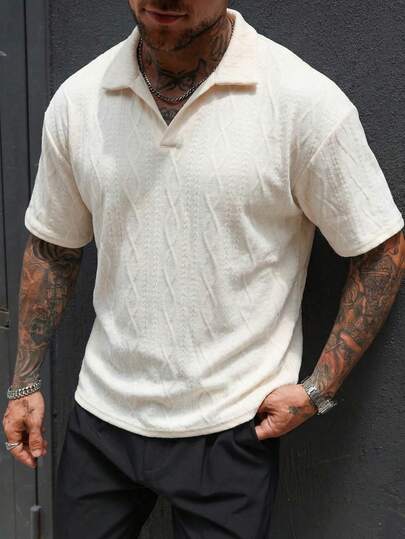 Men's Casual Polo Shirt, Retro Collar Knitted Polo Shirt; Solid Color Jacquard Short Sleeve Polo Shirt Suitable For Leisure & Holiday