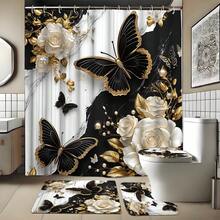 1/4 Set Of Fashionable Marble-Effect Butterfly Shower Curtain Set, Bathroom Decorations And Accessories, Anti-Slip Bathroom Floor Mat, U-Shaped Carpet, Toilet Seat Cover, 70.9*70.9in Shower Curtain Cord, 12 Durable Hooks, Exquisite Holiday Gift - G - View 6