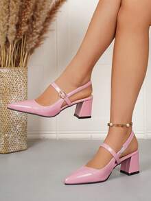 SRSOO 2026春夏新款尖头粗跟凉鞋，百搭包头绑带高跟凉鞋，女士 - 粉色 - 查看 6