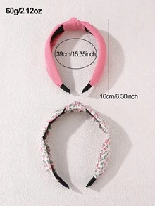 2条装女士简约粉色印花发带，适合日常、春夏、海滩/度假佩戴，可搭配发箍。 - 粉色 - 查看 3