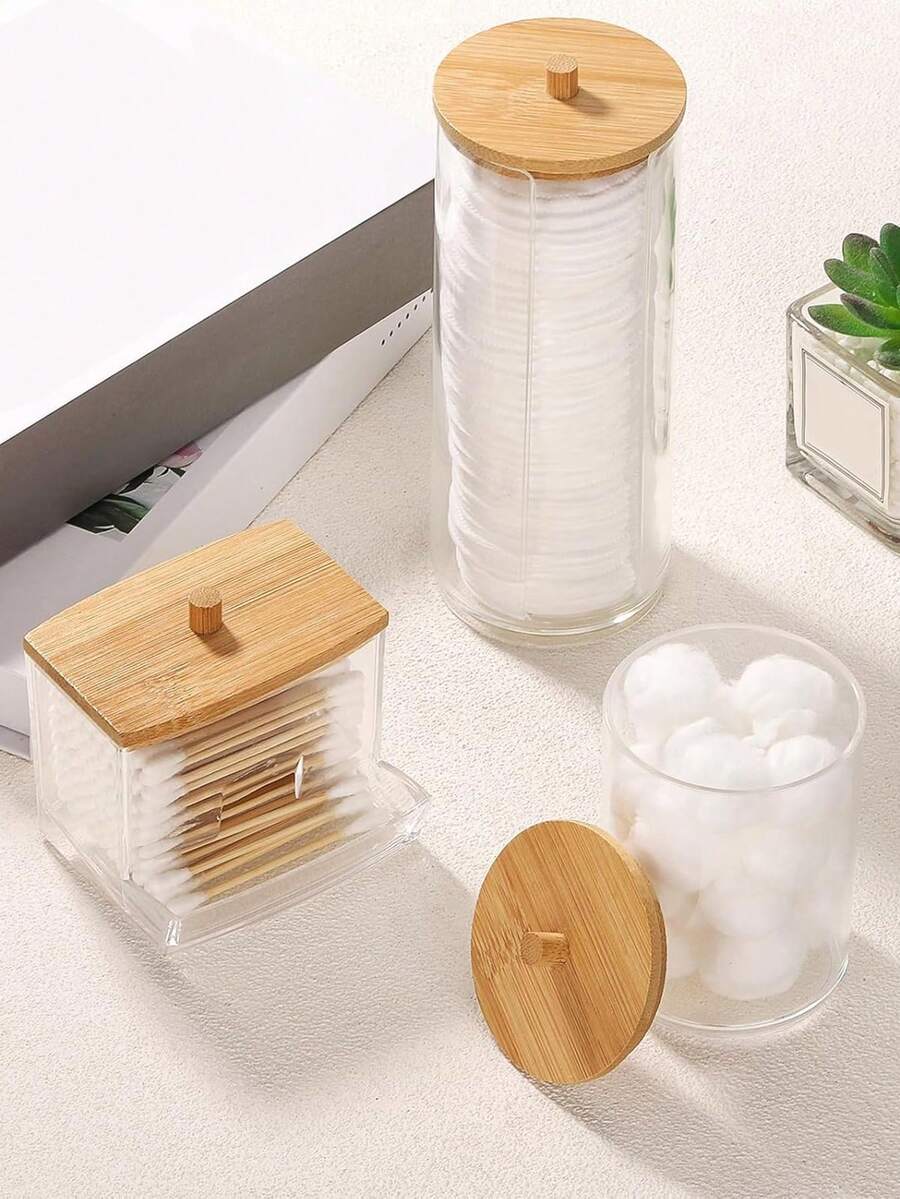 1/3 cajas de hisopos con tapas de bambú, caja de hisopos circular de plástico a prueba de polvo, frasco de almacenamiento transparente para bastoncillos, joyas, borlas de maquillaje, desmaquillante, hilo dental, huevos de belleza, herramientas de cuidado personal. Almacenamiento y organización del hogar, recipiente de almacenamiento cosmético para suministros de baño - transparente - Ver 1