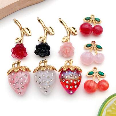 2 piezas Colgante de acero inoxidable con diseño de rosa, fresa y cereza en resina 3D con forma de fruta y flor para manualidades, llavero, pendientes, collar, pulsera y joyería