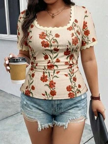 女士纹理印花针织U领修身T恤，休闲度假T恤，日常穿着，春夏款 - 彩色 - 查看 4