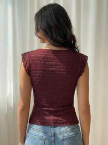 Blusa corta de mujer con cuello cuadrado, manga corta, cintura con lazo y volantes en color borgoña, adecuada para brunch y uso diario - Burdeos - Ver 5