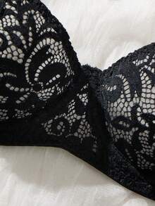 一件舒适黑色网纱蕾丝文胸，钢圈设计，柔软修身，日常时尚女士内衣 - 黑色 - 查看 5