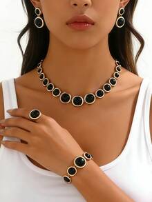 Bộ trang sức nữ 2 món - Dây chuyền và hoa tai hình chữ Y kết hợp xoắn ốc bất đối xứng màu đen hình bầu dục bằng acrylic, phong cách cổ điển thanh lịch, thích hợp đeo hàng ngày, ngày lễ, tiệc tùng - bạc + đen - Xem 20