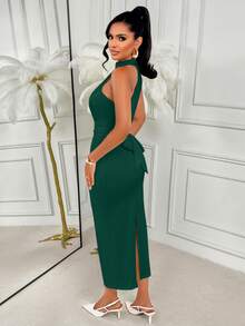 AIJ Women's Elegant Knitted Bodycon Long Dress With Stand Collar Sleeveless And Button Details Perfect For Party Casual Wear - Dark Green - View 3
